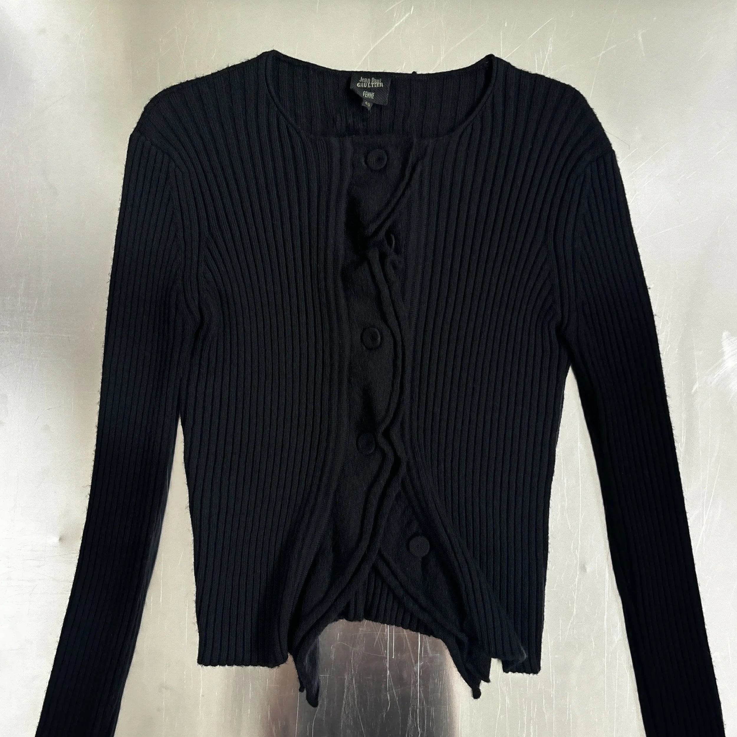 JEAN PAUL GAULTIER BLACK RIBBED WOOL CARDIGAN TOP