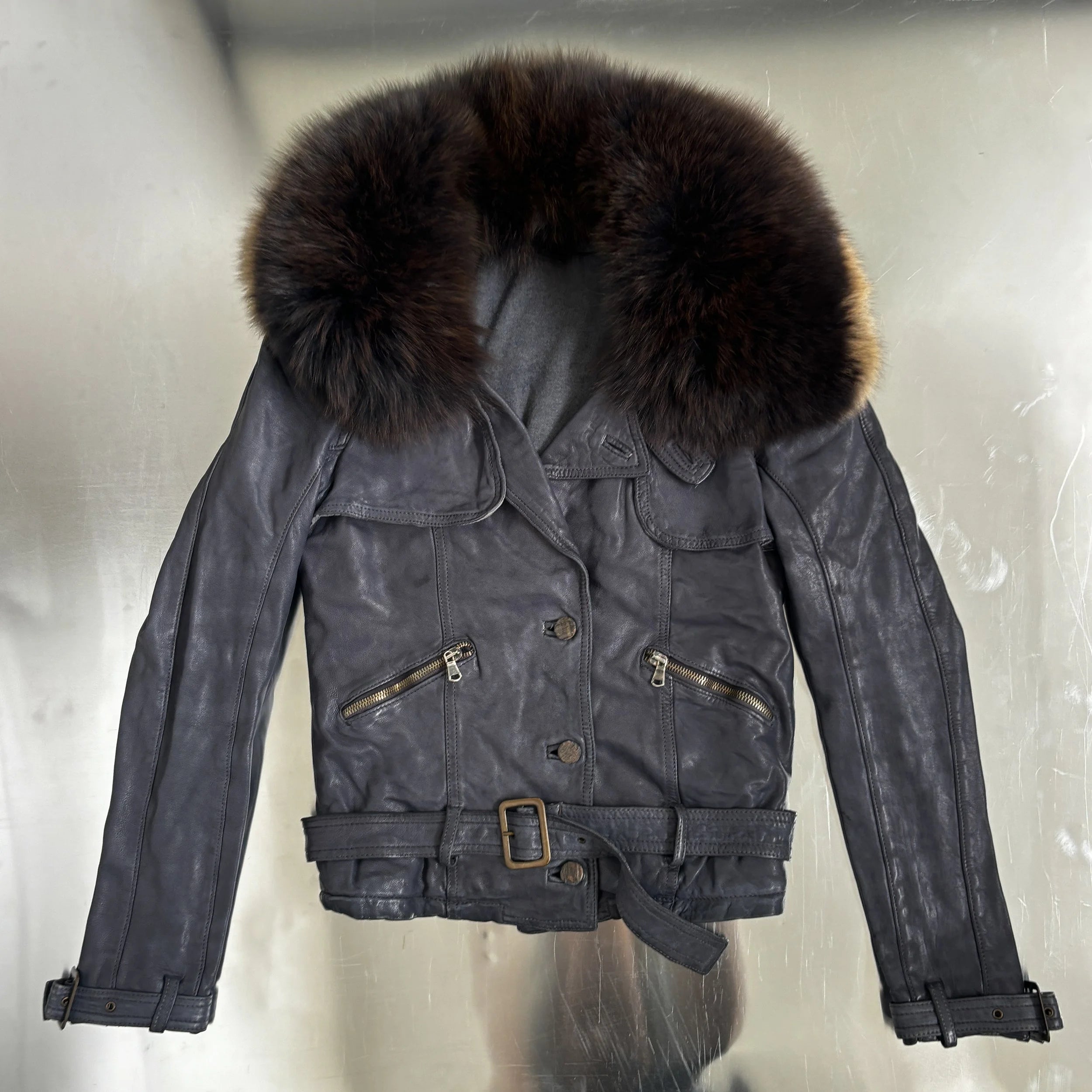 GIORGIO BRATO LEATHER JACKET WITH DETACHABLE FUR COLLAR